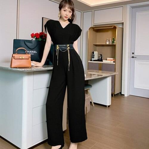 Fashion Korean Casual Vintage Short Sleeve Loose Jumpsuits Rompers Women Elegant Sashes Side Pockets Coffee Break Wide Leg Pants