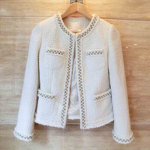 YAMDI Tweed Blazer Jackets women White long Sleeve Beading Wool Blend Runway fashion jacket coat winter 2020 new autumn winter