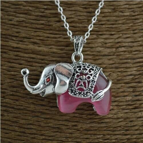 Lovely Ancient Silver Color Elephant With Cat Eyes Inlay Pendant 16'' Fashion Women Animal Necklace 10pc/lot