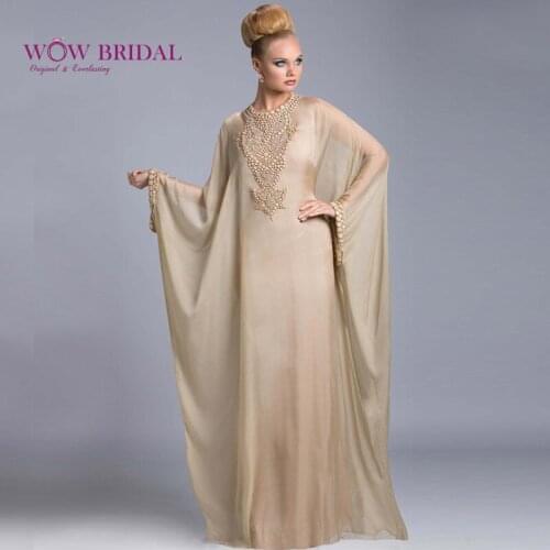 Wowbridal Elegant Champagne Evening Dress 2021 Crystal O-Neck Full Sleeve Pattern Beaded Chiffon Straight Long Women Muslim Gown