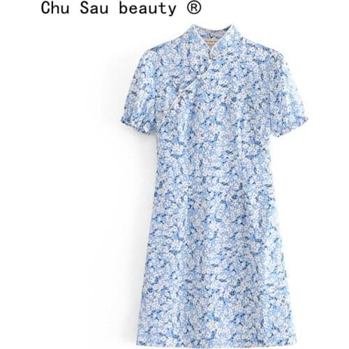 2021 New Fashion Chinese Style Vintage Chic Floral Print Midi Dress Women Summer Short Sleeve Party Evening Cheongsam Dresses