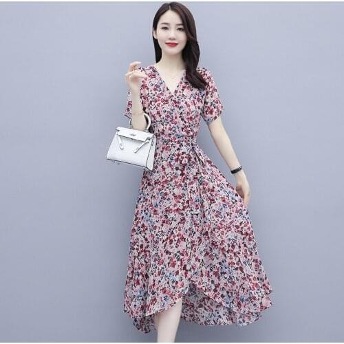 2021 Summer Womens Korean Style Elegant Dress Vintage Floral Print High Waist V-neck Short Sleeve Fashion Casual Dresses Female