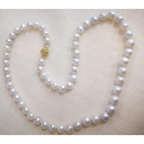 10mm near round white pearl necklace rhinestone gold magnet clasp real Natural freshwater pearl Women Jewelry 35cm 43cm 14-17