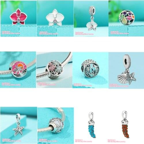 100% 925 Sterling Silver Beads Blue Red Italian Horn Tropical Sunset Starfish Flamingo White, Radiant Orchid Enamel Dangle Charm