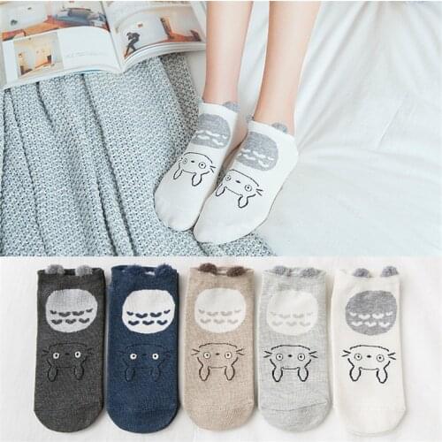 5 Pairs Spring Autumn Totoro Women Cotton Sock Cartoon Cat Ears Harajuku Kawaii Cute Girl Funny Short Socks
