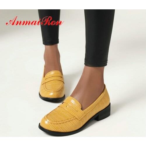 ANMAIRON Square Heel Basic PU Casual Pumps Women Shoes Slip-On Round Toe Rubber Spring/Autumn Leisure Women High Heels 34-43