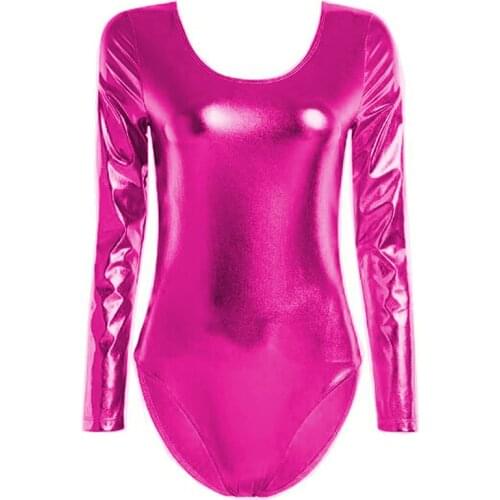 17 Colors Shiny Stretchy Long Sleeve Leotard Ladies Ballet Dancing One Piece Costume Scoop Neck Bodysuit High Cut Leotard