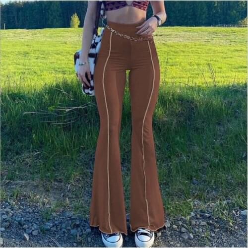 Autumn Womens Flared Pants Solid Color High Waist Tight Long Pants Elastic Waist Stretchy Ladies Casual Trousers