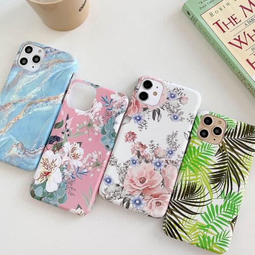 Pink Flowers Phone Case For iPhone 11 Pro Max XR X XS Max 6 6s 7 8 Plus Cases Leaf Crack Marble Hard PC Full Body Back Cover