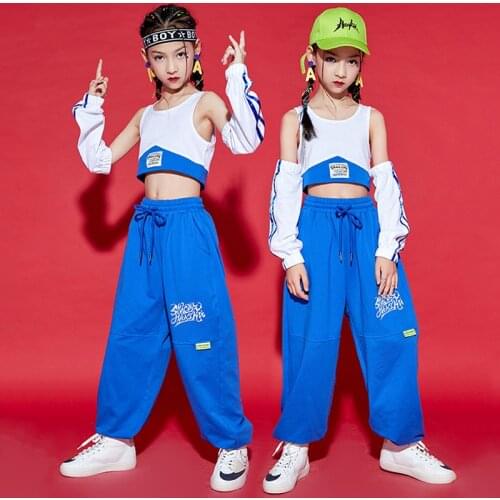 Children Street Dance Jazz Clothes For Girls Fashion Tops Blue Hip Hop Pants Ballroom Practice Wear Performance Costume BL6625