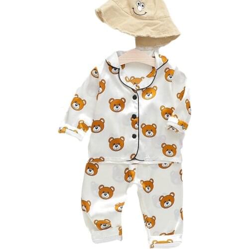 Children Pajama Sets Boys Girls Silk Satin Nightwear Baby Lapel Print Long Sleeve Homewear Kids Clothes Sleepwear Suit 1-4 Years
