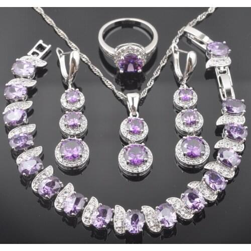Dubai Jewelry Sets For Women Bridal Jewelry Silver Color Purple Crystal Rings Bracelets Earrings Christmas Gift QS0489