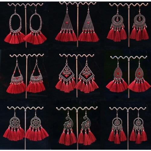 Exknl Long Tassel Earrings Jewelry Women Flower Earing Wedding Big Red Vintage Ethnic Fashion fringed Drop Earrings for Women