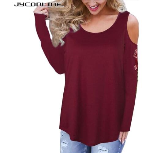 JYConline Women Flower Embroidery T Shirt Long Sleeve T-shirts Women Tops Tees Female T-shirt Cold Shoulder Black Loose T Shirts