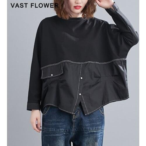 Patchwork Asymmetrical Plus Size T Shirt Women New Vintage Long Sleeve Fashion Loose Casual Tee Tops Clothes Spring Autumn 2021