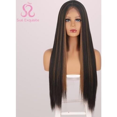 SUe EXQUISITE Brown Colored Synthetic Long Straight Wigs For Black Women Pink Wig Middle Part Cosplay Wigs for Party