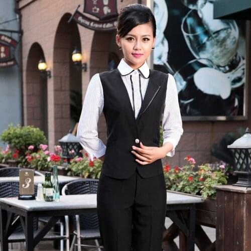 Hotel Overalls Autumn Waitress Restaurant Uniform Front Desk Cashier Work Wear KTV Vest Long-sleeved Waiter Fake 2 Pcs H2408