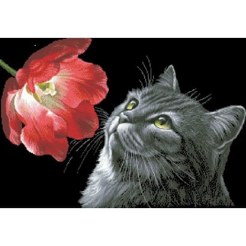 Cat and tulip cross stitch package flower aida 18ct 14ct 11ct black cloth people kit embroidery DIY handmade needlework