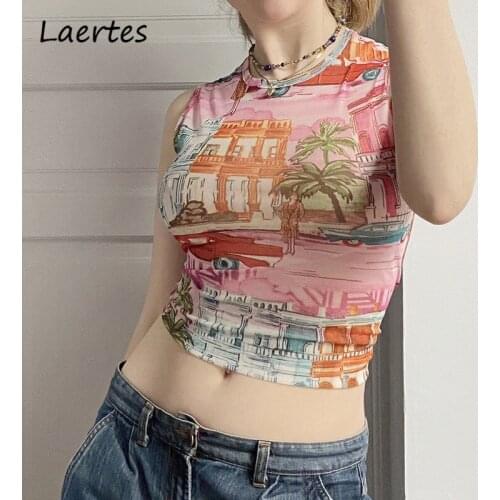 Laertes Summer New Womens Fashion O Neck Floral Printed Tank Top Casual Skinny Sleeveless Tops Vest Elegant T-Shirt Clothing