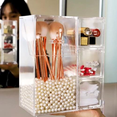 Multi-style Acrylic Makeup Organizer Cosmetic Holder Makeup Tools Storage Pearls Box Brush Accessory Organizer Box with Cover