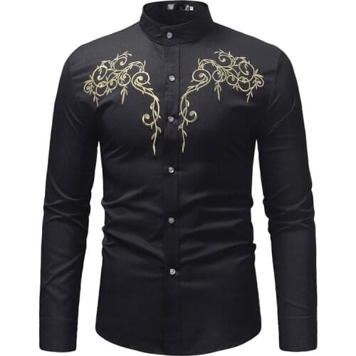 Mens Long Sleeve Dress Shirt 2019 Fashion Embroidery Black Men Shirt Slim Fit Business Casual Mens Shirts Camisa Masculina