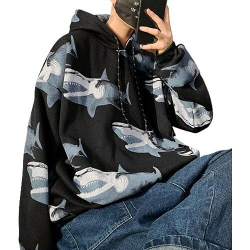 New 2021 Men Autumn Sharks Print Long Sleeve Drawstring Hoodie Plush Thick Sweatshirt