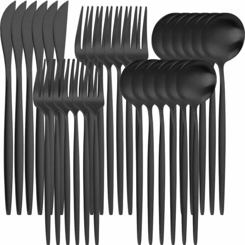Black Cutlery Set 30 Piece Tableware Dishwasher Safe Forks Knives Spoons Matte Dinnerware Set Steel Cutlery Spoon Dropshipping