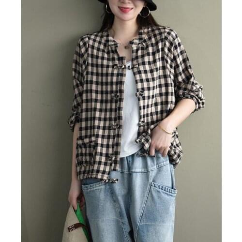 New Arrival Spring Arts Style Women Loose Cotton Linen Short Coat Vintage Plaid Double Pocket Jackets Femme Tops Plus Size