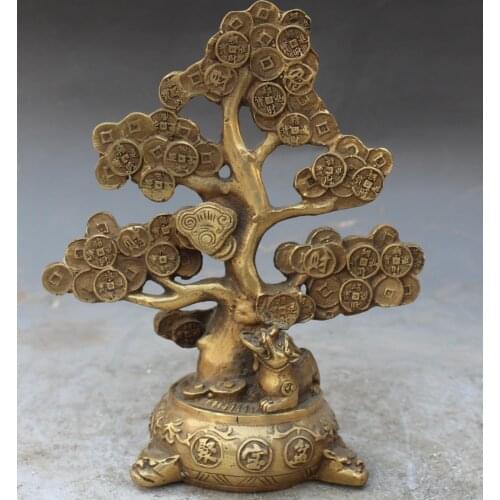 Marked Bronze BiXie Dragon Beast Pixiu Wealth Money Tree Treasure bowl Sculpture Healing Medicine Decoration 100% Brass Bronze