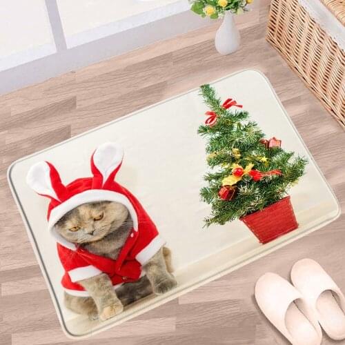 Christmas Bath Mats Funny Cat Dog Santa Tree Animal Pattern non-slip Rugs Flannel Home Bathroom Kitchen Bedroom Entrance Carpet