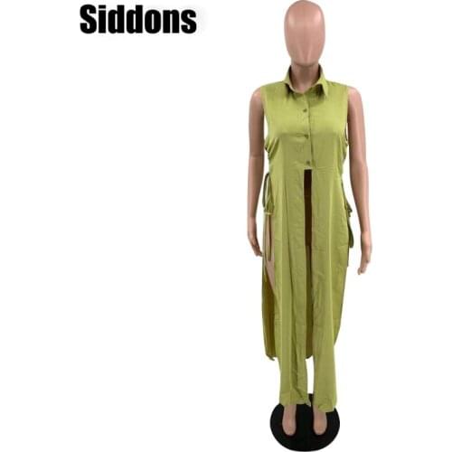 Women Shirts Solid Sleeveless Turn-down Collar Single Breasted Splited X-long Shirts Fashion Summer New Clothes