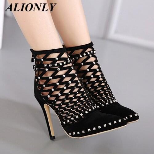 ALIONLY Gladiator Sandals for Women 2021 Summer Spring Pointed Toe Rivets Studded Cut Out Caged Ankle Boots Stiletto Heel Shoes