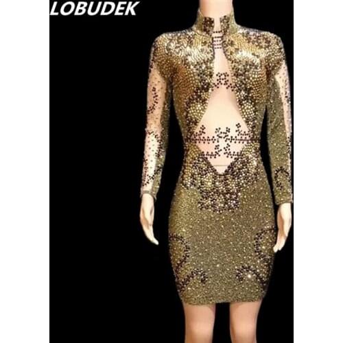 Sexy See-through Golden Black Rhinestones Short Dress Big Stretch Long Sleeve Women Bar Nightclub Concert Singer Dancer Costume