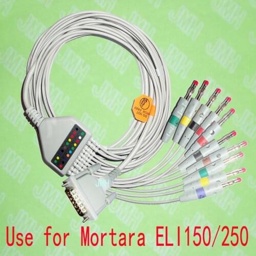 Compatible with Mortara ELI 150/250 the EKG 10 lead,One-piece ECG cable and red 4.0 Banana leadwires,15PIN,IEC or AHA