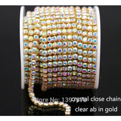 10Yrads/lot ss6-ss18 dense Crystal ab in gold plated base close rhinestone Cup chain for clothing ornament accessories dress