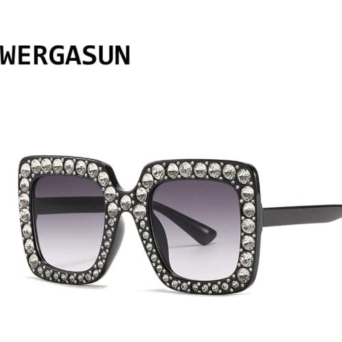 WERGASUN Oversize Sunglasses Top Rhinestone Luxury Brand Designer Sunglasses For Women Square Shades Women Fashion Retro Black