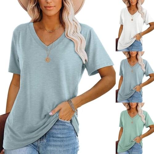 Womens Fashion Casual T-shirt Short Sleeved V-neck Solid Color Tshirt Ladies Girls Loose Summer Tops Tee Plus Size T Shirt 2XL