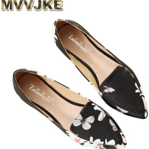 MVVJKELarge Size33~43Printed Flower Women Shallow Single Shoes PointedToe Ballet Flats Leather BallerinaShoes Comfortable Loafer