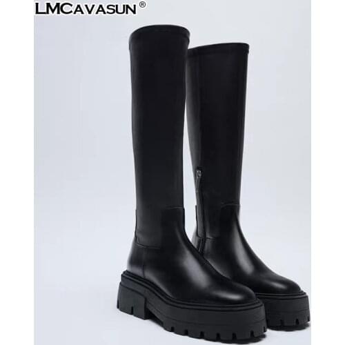LMCAVASUN 2021 Womens Long Boots Black PU leather Grooving Sole Knee-high Fashion Boots