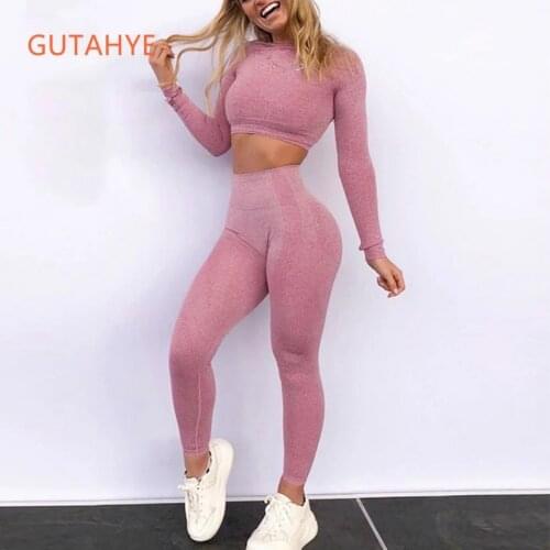 GUTASHYE 2PCS Women Seamless Yoga Set Workou Fitness Sports Suits Long Sleeve Crop Top High Waist Leggings Workout Clothing