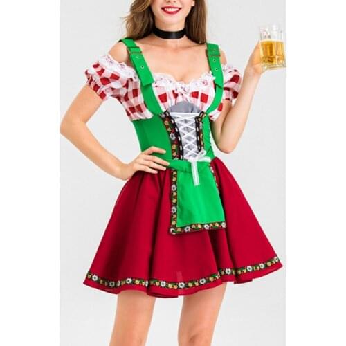Woman Oktoberfest Plaid Dirndl Dress German Bavarian Beer Wench Waitress Costume Maid Costume Cosplay Party Dress With Apron