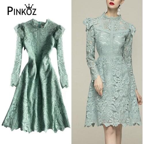 Pinkoz elegant vintage retro ruffles long sleeve A-line knee length dress hollow out lady party dinner casual robe mujer dresses
