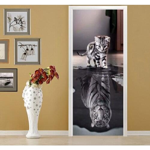 3D Self-adhesive Door Sticker Cat and Tiger PVC Wall Sticker Home Decor Bedroom Door Wallpaper Adhesive Waterproof Sticker