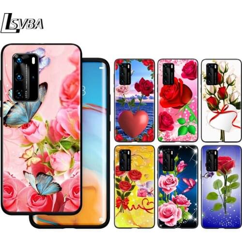 Red Flower Butterfly For Huawei P40 P30 P20 P10 Pro Lite E Plus 4G 5G P9 P8 Lite P Smart Z S Plus Soft Black Phone Case