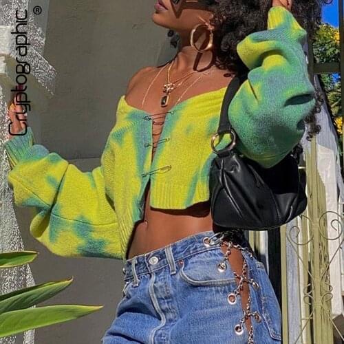 Cryptographic Fall 2020 Girls Green Oversized Cardigan Crop Top Sweater Knitted Cute Long Sleeve Pins Sweaters Tie Dye Cartigans