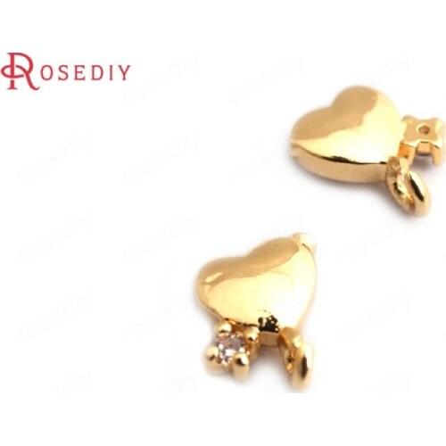 F126)10 pieces 7x6mm 24K Gold Color Brass + White Zircon Small Heart Charms Pendants High Quality Accessories Jewelry Findings
