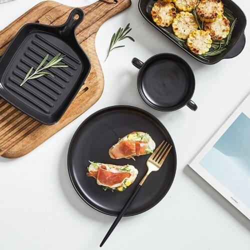 Nordic ceramic baking plate household oven microwave oven double ear baked rice bowl single handle baking plate net red baking