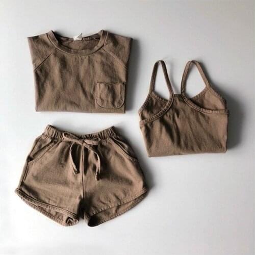 7660 Baby Clothing Set Girl 3 Pieces Suit Summer 2021 Baby Boy Clothes T-shirt Or Shorts Or Vest Kids Set 5 Colors 2-7T Kids