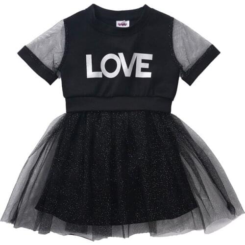 Toddler Girls Summer Outfits Short Sleeve LOVE Letter Printed T-shirt Dress Black Mesh Glitter Skirt Clothes 1-6Y