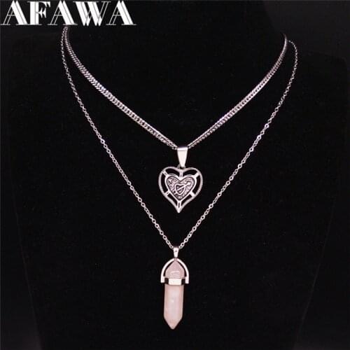 Heart Natural Crystal Stainless Steel Layered Necklaces Men/Women Hexagonal Bullet Reiki Point Necklace Jewelry cadena N1968S02